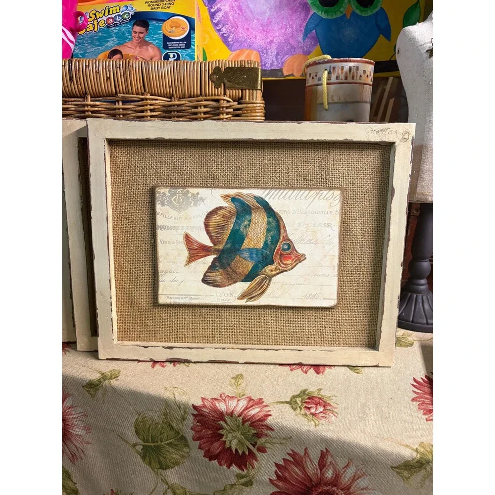 Rustic Coastal Fish Wall Art | Framed Nautical Fish Print on Burlap | Beach Cott